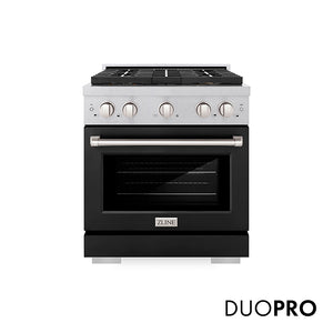 ZLINE 30 in. 4.2 cu. ft. Paramount Dual Fuel Range with 4 Burner DuoPro™ Cooktop and Electric Convection Oven in Satin Stainless Steel with Black Matte Door (PSDRS-BLM-30) front, with DuoPro™ logo.