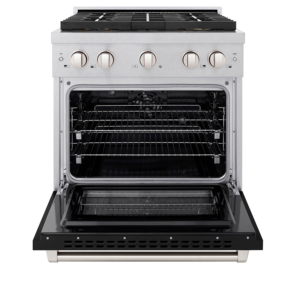 ZLINE 30 in. 4.2 cu. ft. Paramount Dual Fuel Range with 4 Burner DuoPro™ Cooktop and Electric Convection Oven in Satin Stainless Steel with Black Matte Door (PSDRS-BLM-30) front, oven open.