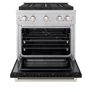 ZLINE 30 in. 4.2 cu. ft. Paramount Dual Fuel Range with 4 Burner DuoPro™ Cooktop and Electric Convection Oven in Satin Stainless Steel with Black Matte Door (PSDRS-BLM-30) front, oven open.
