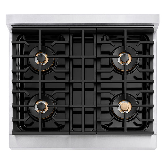 ZLINE 30 in. 4.2 cu. ft. Paramount Dual Fuel Range with 4 Burner DuoPro™ Cooktop and Electric Convection Oven in Satin Stainless Steel with Black Matte Door (PSDRS-BLM-30) top-down, above cooktop.