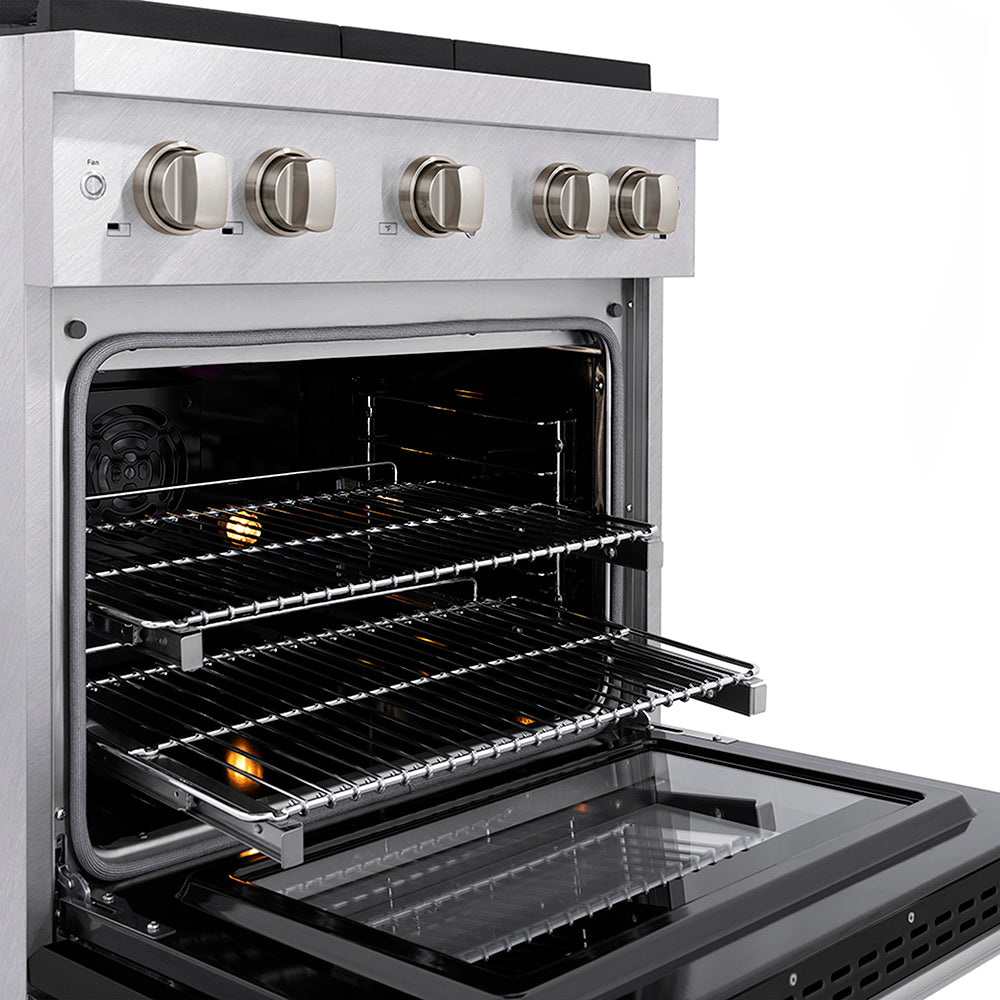 ZLINE 30 in. 4.2 cu. ft. Paramount Dual Fuel Range with 4 Burner DuoPro™ Cooktop and Electric Convection Oven in Satin Stainless Steel with Black Matte Door (PSDRS-BLM-30) close-up, oven open with racks extended, showing design and structure.