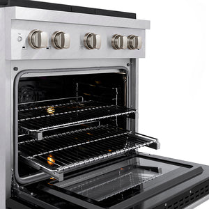 ZLINE 30 in. 4.2 cu. ft. Paramount Dual Fuel Range with 4 Burner DuoPro™ Cooktop and Electric Convection Oven in Satin Stainless Steel with Black Matte Door (PSDRS-BLM-30) close-up, oven open with racks extended, showing design and structure.