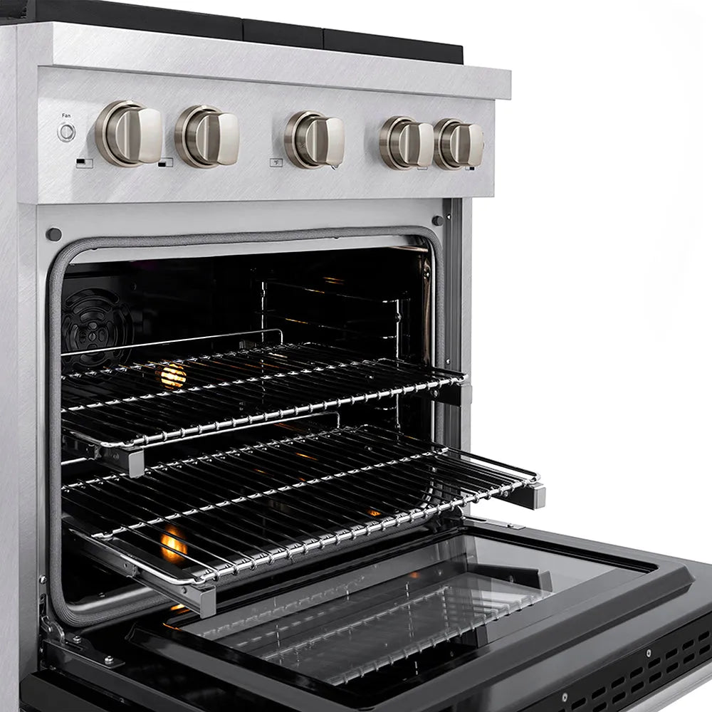 ZLINE 30 in. 4.2 cu. ft. Paramount Dual Fuel Range with 4 Burner DuoPro™ Cooktop and Electric Convection Oven in Satin Stainless Steel with Black Matte Door (PSDRS-BLM-30) close-up, oven open with racks extended, showing design and structure.