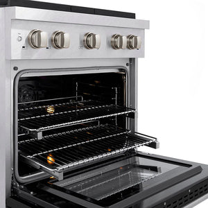 ZLINE 30 in. 4.2 cu. ft. Paramount Dual Fuel Range with 4 Burner DuoPro™ Cooktop and Electric Convection Oven in Satin Stainless Steel with Black Matte Door (PSDRS-BLM-30) close-up, oven open with racks extended, showing design and structure.