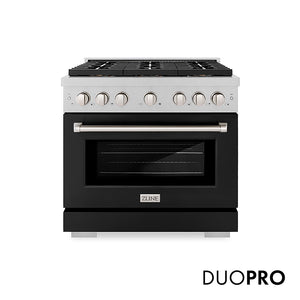 ZLINE 36 in. 5.2 cu. ft. Paramount Dual Fuel Range with 6 Burner DuoPro™ Cooktop and Electric Convection Oven in Satin Stainless Steel with Black Matte Door (PSDRS-BLM-36) front, with DuoPro™ logo.