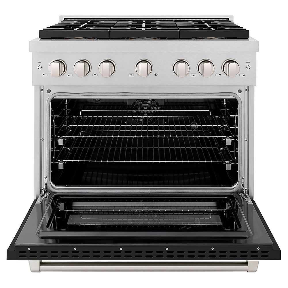 ZLINE 36 in. 5.2 cu. ft. Paramount Dual Fuel Range with 6 Burner DuoPro™ Cooktop and Electric Convection Oven in Satin Stainless Steel with Black Matte Door (PSDRS-BLM-36) front, oven open.