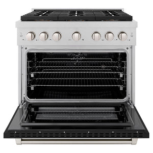ZLINE 36 in. 5.2 cu. ft. Paramount Dual Fuel Range with 6 Burner DuoPro™ Cooktop and Electric Convection Oven in Satin Stainless Steel with Black Matte Door (PSDRS-BLM-36) front, oven open.