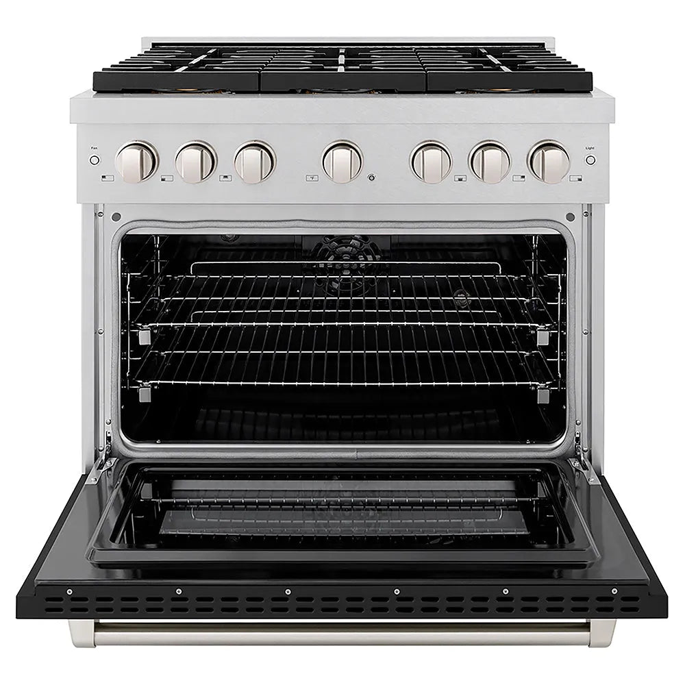 ZLINE 36 in. 5.2 cu. ft. Paramount Dual Fuel Range with 6 Burner DuoPro™ Cooktop and Electric Convection Oven in Satin Stainless Steel with Black Matte Door (PSDRS-BLM-36) front, oven open.
