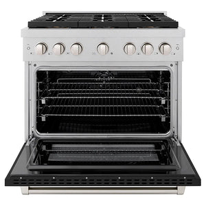 ZLINE 36 in. 5.2 cu. ft. Paramount Dual Fuel Range with 6 Burner DuoPro™ Cooktop and Electric Convection Oven in Satin Stainless Steel with Black Matte Door (PSDRS-BLM-36) front, oven open.
