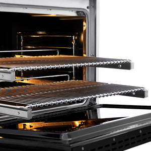ZLINE 36 in. 5.2 cu. ft. Paramount Dual Fuel Range with 6 Burner DuoPro™ Cooktop and Electric Convection Oven in Satin Stainless Steel with Black Matte Door (PSDRS-BLM-36) close-up, oven open with racks extended, showing design and structure.