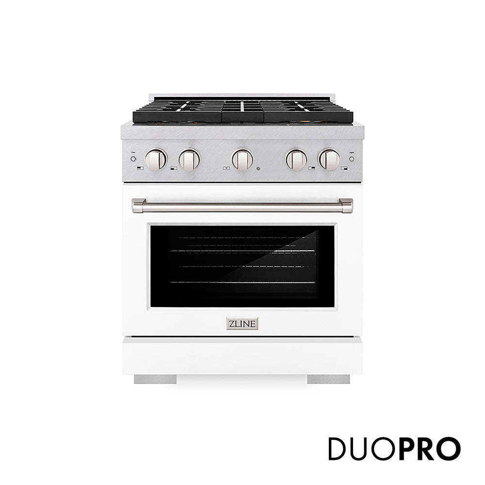 ZLINE 30 in. 4.2 cu. ft. Paramount Dual Fuel Range with 4 Burner DuoPro™ Cooktop and Electric Convection Oven in Satin Stainless Steel with White Matte Door (PSDRS-WM-30) front, with DuoPro™ logo.