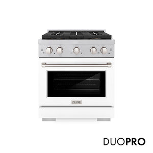 ZLINE 30 in. 4.2 cu. ft. Paramount Dual Fuel Range with 4 Burner DuoPro™ Cooktop and Electric Convection Oven in Satin Stainless Steel with White Matte Door (PSDRS-WM-30) front, with DuoPro™ logo.