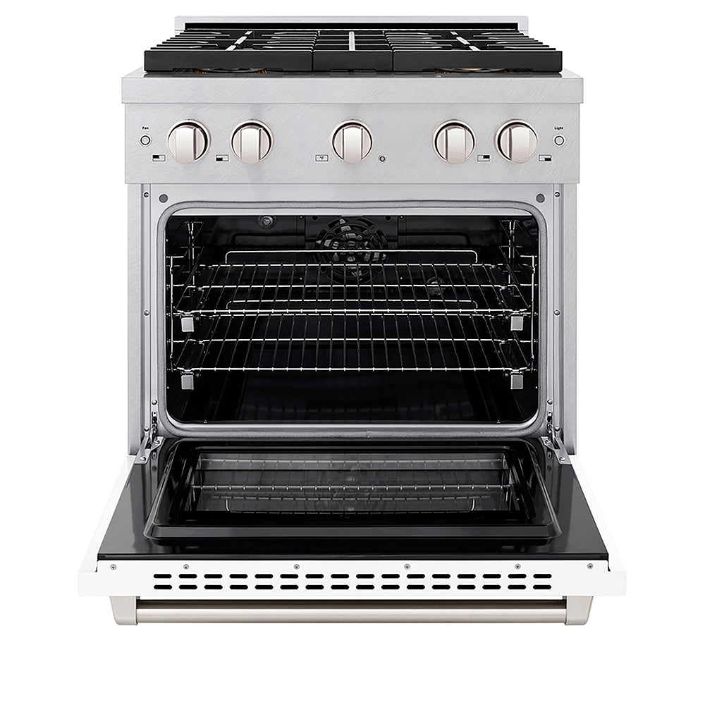 ZLINE 30 in. 4.2 cu. ft. Paramount Dual Fuel Range with 4 Burner DuoPro™ Cooktop and Electric Convection Oven in Satin Stainless Steel with White Matte Door (PSDRS-WM-30) front, oven open.