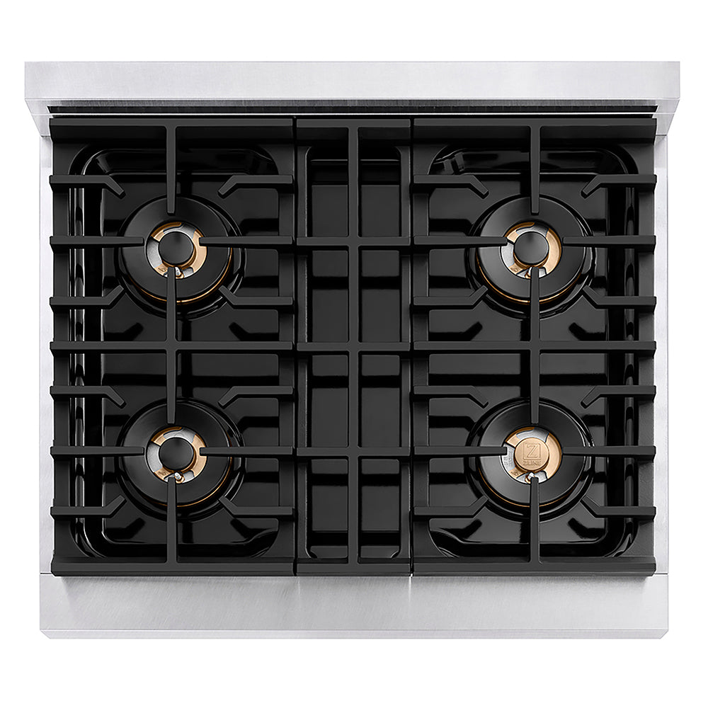 ZLINE 30 in. 4.2 cu. ft. Paramount Dual Fuel Range with 4 Burner DuoPro™ Cooktop and Electric Convection Oven in Satin Stainless Steel with White Matte Door (PSDRS-WM-30) top-down, above cooktop.
