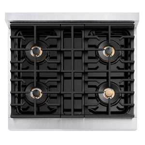 ZLINE 30 in. 4.2 cu. ft. Paramount Dual Fuel Range with 4 Burner DuoPro™ Cooktop and Electric Convection Oven in Satin Stainless Steel with White Matte Door (PSDRS-WM-30) top-down, above cooktop.