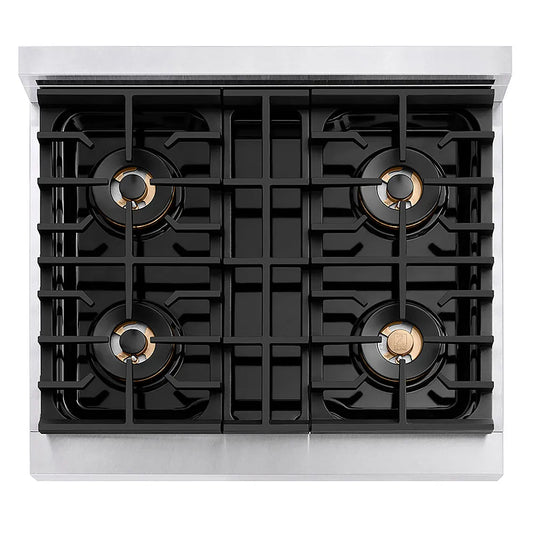 ZLINE 30 in. 4.2 cu. ft. Paramount Dual Fuel Range with 4 Burner DuoPro™ Cooktop and Electric Convection Oven in Satin Stainless Steel with White Matte Door (PSDRS-WM-30) top-down, above cooktop.