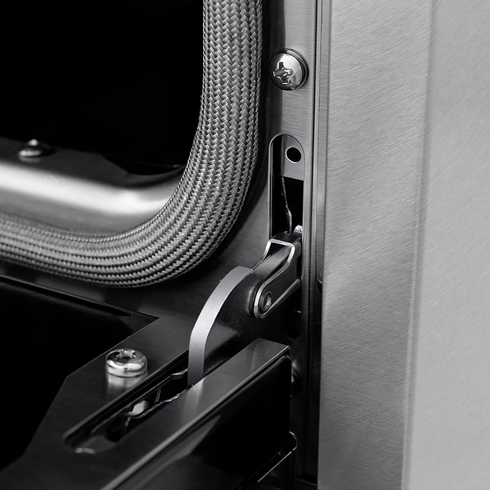 ZLINE 30 in. 4.2 cu. ft. Paramount Dual Fuel Range with 4 Burner DuoPro™ Cooktop and Electric Convection Oven in Satin Stainless Steel with White Matte Door (PSDRS-WM-30) StayPut oven door hinge close-up.