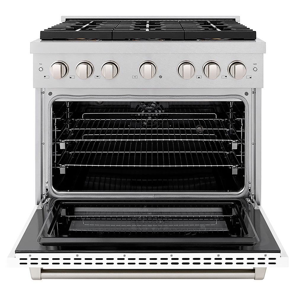 ZLINE 36 in. 5.2 cu. ft. Paramount Dual Fuel Range with 6 Burner DuoPro™ Cooktop and Electric Convection Oven in Satin Stainless Steel with White Matte Door (PSDRS-WM-36)