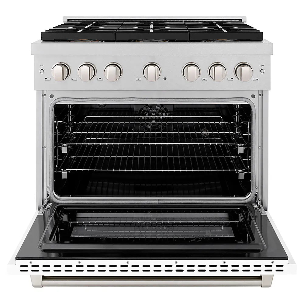 ZLINE 36 in. 5.2 cu. ft. Paramount Dual Fuel Range with 6 Burner DuoPro™ Cooktop and Electric Convection Oven in Satin Stainless Steel with White Matte Door (PSDRS-WM-36) front, oven open.