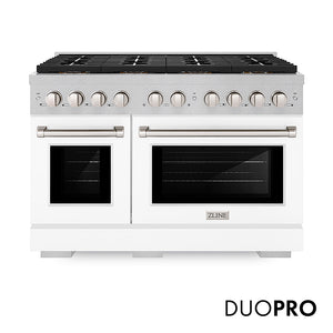 ZLINE 48 in. 6.7 cu. ft. Paramount Dual Fuel Range with 8 Burner DuoPro™ Cooktop and Dual Ovens in Satin Stainless Steel with White Matte Doors (PSDRS-WM-48)