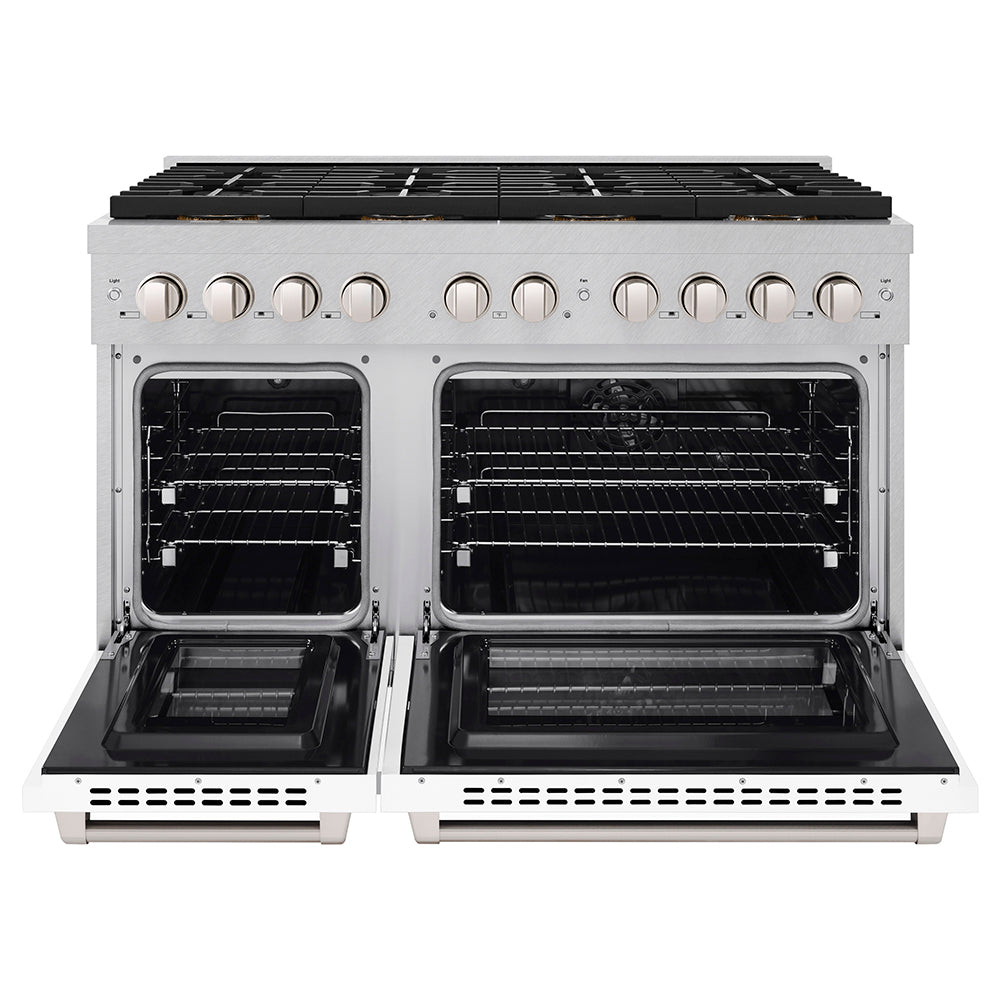ZLINE 48 in. 6.7 cu. ft. Paramount Dual Fuel Range with 8 Burner DuoPro™ Cooktop and Dual Ovens in Satin Stainless Steel with White Matte Doors (PSDRS-WM-48) front, oven open.