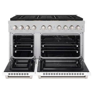 ZLINE 48 in. 6.7 cu. ft. Paramount Dual Fuel Range with 8 Burner DuoPro™ Cooktop and Dual Ovens in Satin Stainless Steel with White Matte Doors (PSDRS-WM-48) front, oven open.