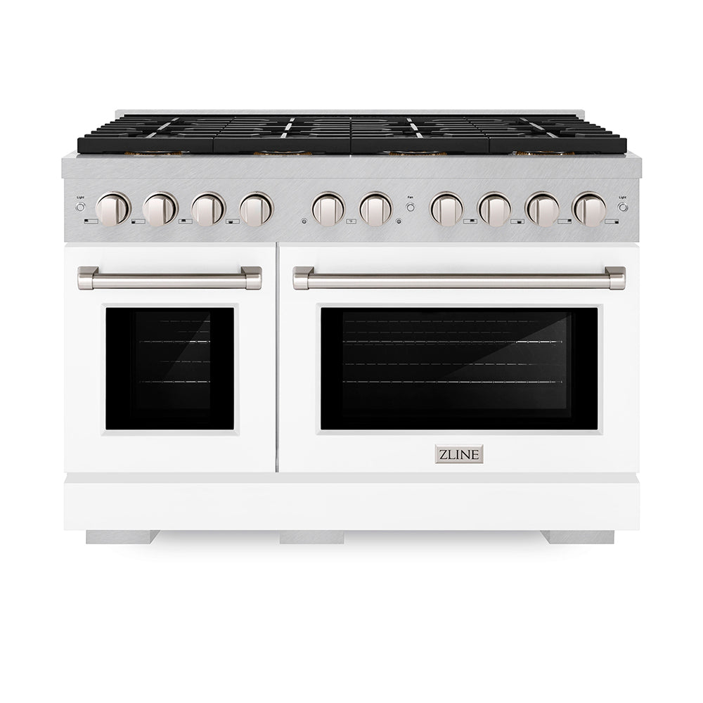 ZLINE 48 in. 6.7 cu. ft. Paramount Dual Fuel Range with 8 Burner DuoPro™ Cooktop and Dual Ovens in Satin Stainless Steel with White Matte Doors (PSDRS-WM-48) front.