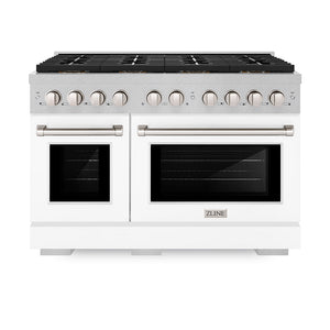 ZLINE 48 in. 6.7 cu. ft. Paramount Dual Fuel Range with 8 Burner DuoPro™ Cooktop and Dual Ovens in Satin Stainless Steel with White Matte Doors (PSDRS-WM-48) front.
