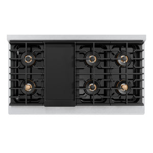 ZLINE 48 in. 6.7 cu. ft. Paramount Dual Fuel Range with 8 Burner DuoPro™ Cooktop and Dual Ovens in Satin Stainless Steel with White Matte Doors (PSDRS-WM-48) top-down, above cooktop with griddle.