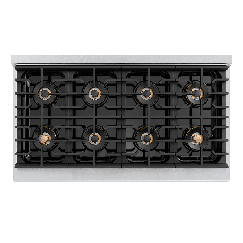 ZLINE 48 in. 6.7 cu. ft. Paramount Dual Fuel Range with 8 Burner DuoPro™ Cooktop and Dual Ovens in Satin Stainless Steel with White Matte Doors (PSDRS-WM-48) top-down, above cooktop.