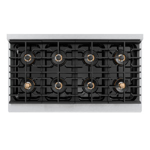 ZLINE 48 in. 6.7 cu. ft. Paramount Dual Fuel Range with 8 Burner DuoPro™ Cooktop and Dual Ovens in Satin Stainless Steel with White Matte Doors (PSDRS-WM-48) top-down, above cooktop.