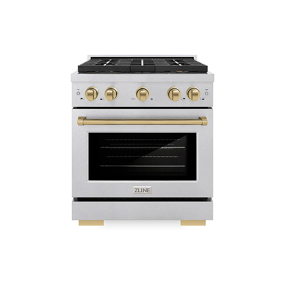 ZLINE Autograph Edition 30 in. 4.2 cu. ft. Paramount Dual Fuel Range with 4 Burner DuoPro™ Cooktop and Electric Convection Oven in Satin Stainless Steel and Champagne Bronze Accents (PSDRSZ-30-CB)