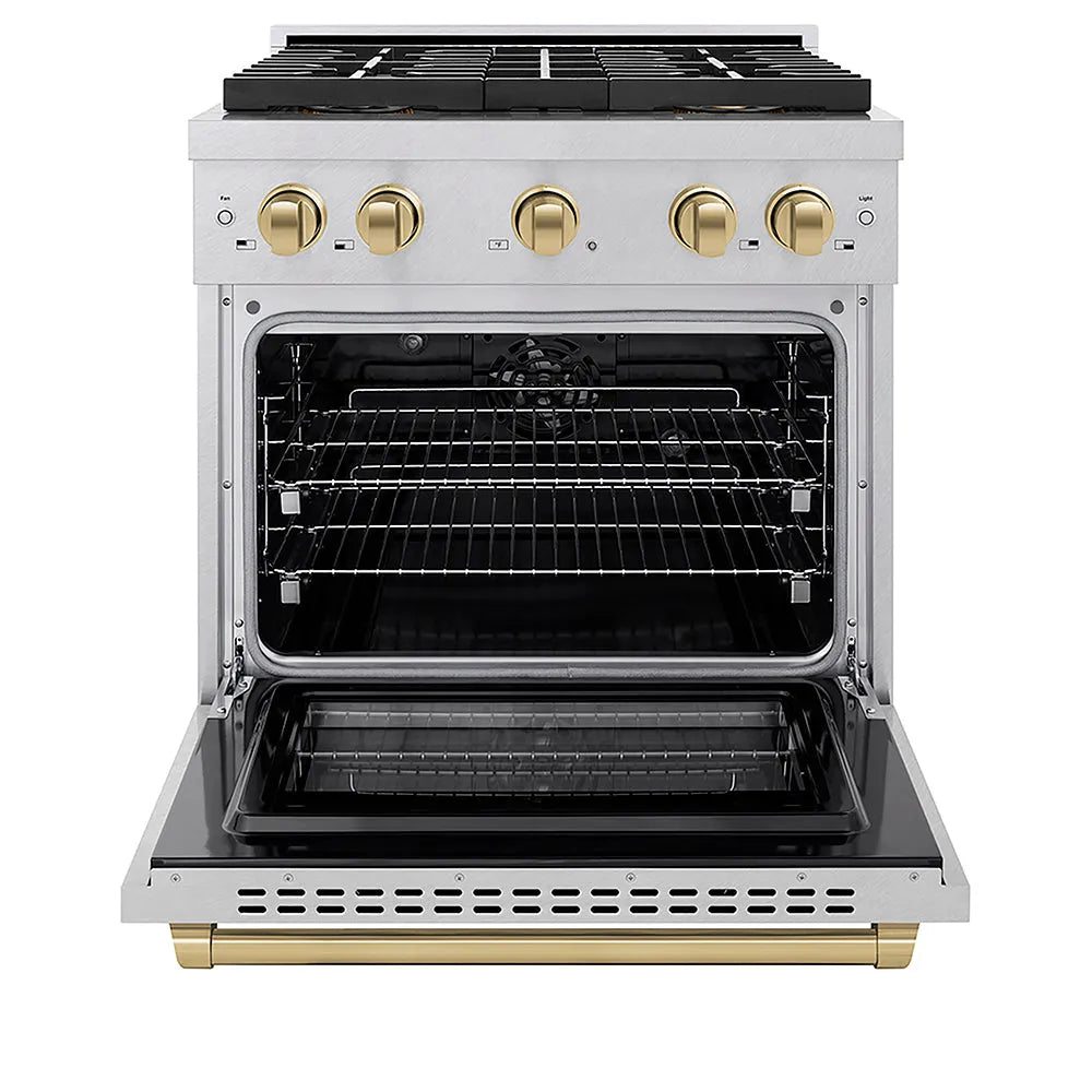 ZLINE Autograph Edition 30 in. 4.2 cu. ft. Paramount Dual Fuel Range with 4 Burner DuoPro™ Cooktop and Electric Convection Oven in Satin Stainless Steel and Champagne Bronze Accents (PSDRSZ-30-CB) front, oven open.