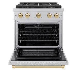 ZLINE Autograph Edition 30 in. 4.2 cu. ft. Paramount Dual Fuel Range with 4 Burner DuoPro™ Cooktop and Electric Convection Oven in Satin Stainless Steel and Champagne Bronze Accents (PSDRSZ-30-CB) front, oven open.