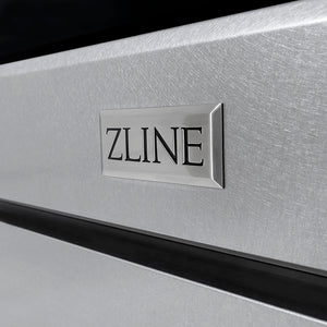 ZLINE Autograph Edition 30 in. 4.2 cu. ft. Paramount Dual Fuel Range with 4 Burner DuoPro™ Cooktop and Electric Convection Oven in Satin Stainless Steel and Polished Gold Accents (PSDRSZ-30-G) ZLINE logo badge on satin finish.
