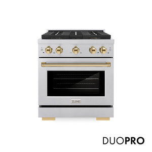 ZLINE Autograph Edition 30 in. 4.2 cu. ft. Paramount Dual Fuel Range with 4 Burner DuoPro™ Cooktop and Electric Convection Oven in Satin Stainless Steel and Polished Gold Accents (PSDRSZ-30-G) front, with DuoPro™ logo.