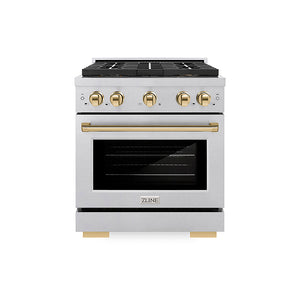ZLINE Autograph Edition 30 in. 4.2 cu. ft. Paramount Dual Fuel Range with 4 Burner DuoPro™ Cooktop and Electric Convection Oven in Satin Stainless Steel and Polished Gold Accents (PSDRSZ-30-G)