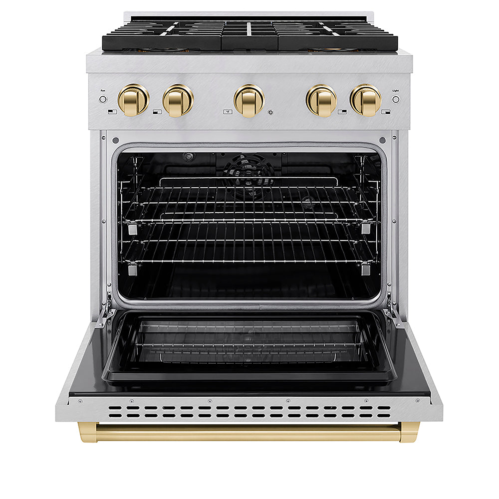 ZLINE Autograph Edition 30 in. 4.2 cu. ft. Paramount Dual Fuel Range with 4 Burner DuoPro™ Cooktop and Electric Convection Oven in Satin Stainless Steel and Polished Gold Accents (PSDRSZ-30-G) front, oven open.