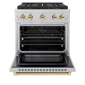 ZLINE Autograph Edition 30 in. 4.2 cu. ft. Paramount Dual Fuel Range with 4 Burner DuoPro™ Cooktop and Electric Convection Oven in Satin Stainless Steel and Polished Gold Accents (PSDRSZ-30-G) front, oven open.