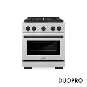 ZLINE Autograph Edition 30 in. 4.2 cu. ft. Paramount Dual Fuel Range with 4 Burner DuoPro™ Cooktop and Electric Convection Oven in Satin Stainless Steel and Matte Black Accents (PSDRSZ-30-MB) front, with DuoPro™ logo.