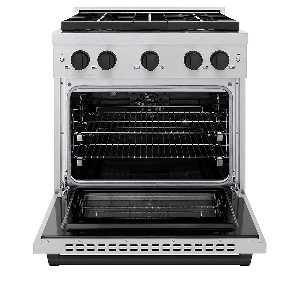 ZLINE Autograph Edition 30 in. 4.2 cu. ft. Paramount Dual Fuel Range with 4 Burner DuoPro™ Cooktop and Electric Convection Oven in Satin Stainless Steel and Matte Black Accents (PSDRSZ-30-MB) front, oven open.
