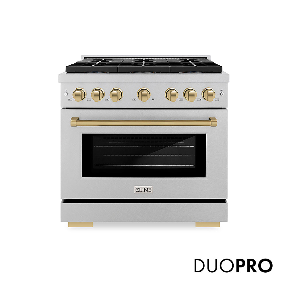 ZLINE Autograph Edition 36 in. 5.2 cu. ft. Paramount Dual Fuel Range with 6 Burner DuoPro™ Cooktop and Electric Convection Oven in Satin Stainless Steel and Champagne Bronze Accents (PSDRSZ-36-CB)