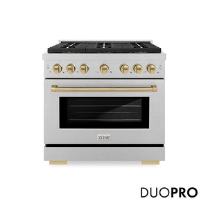 ZLINE Autograph Edition 36 in. 5.2 cu. ft. Paramount Dual Fuel Range with 6 Burner DuoPro™ Cooktop and Electric Convection Oven in Satin Stainless Steel and Champagne Bronze Accents (PSDRSZ-36-CB)