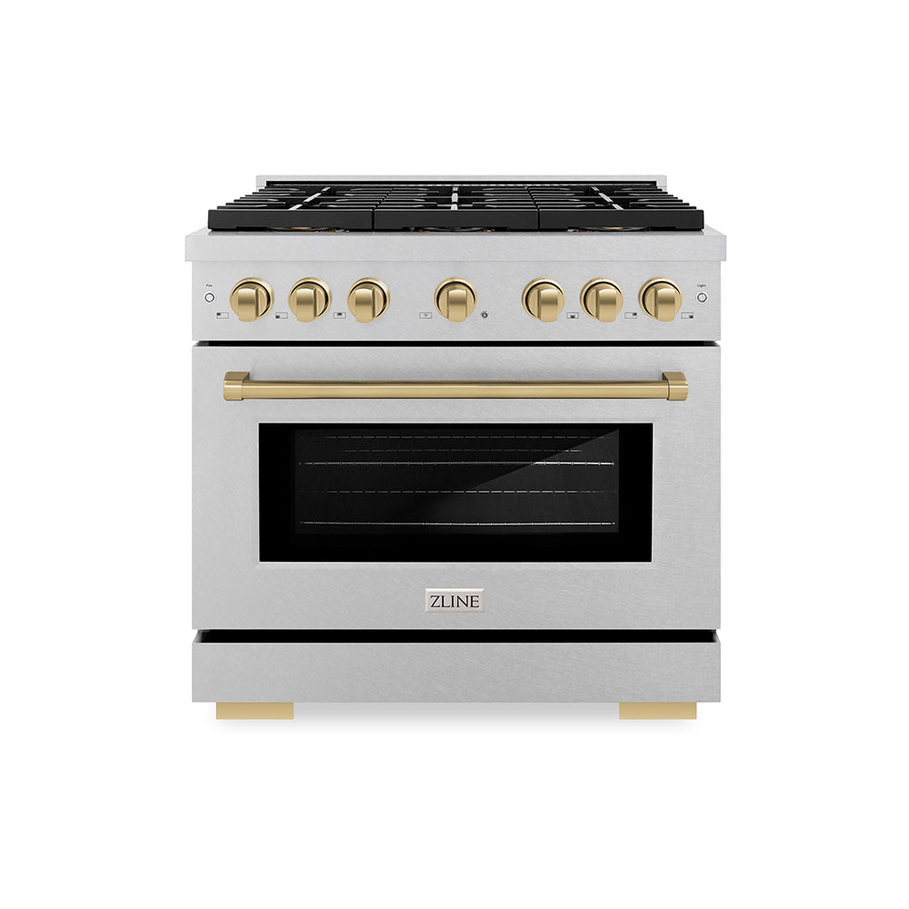 ZLINE Autograph Edition 36 in. 5.2 cu. ft. Paramount Dual Fuel Range with 6 Burner DuoPro™ Cooktop and Electric Convection Oven in Satin Stainless Steel and Champagne Bronze Accents (PSDRSZ-36-CB)