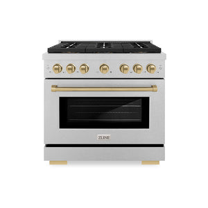 ZLINE Autograph Edition 36 in. 5.2 cu. ft. Paramount Dual Fuel Range with 6 Burner DuoPro™ Cooktop and Electric Convection Oven in Satin Stainless Steel and Champagne Bronze Accents (PSDRSZ-36-CB)