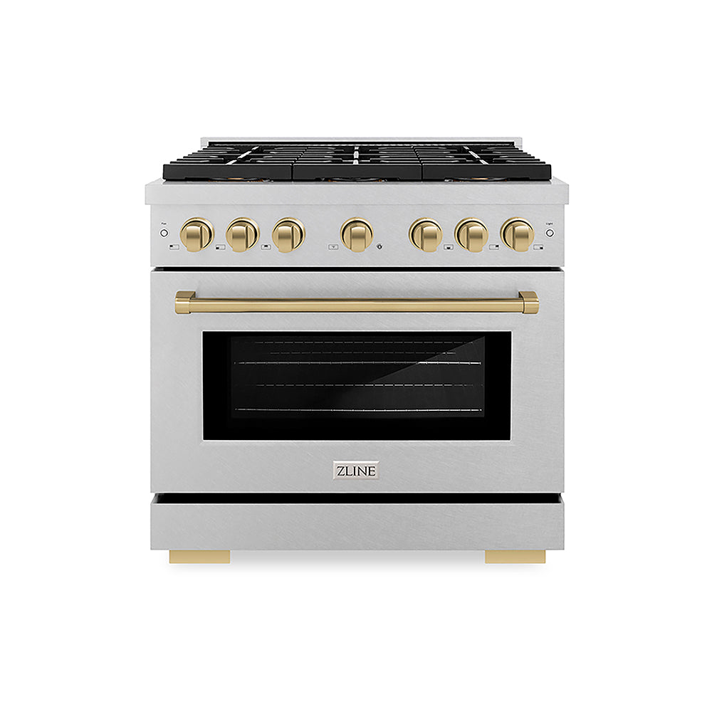 ZLINE Autograph Edition 36 in. 5.2 cu. ft. Paramount Dual Fuel Range with 6 Burner DuoPro™ Cooktop and Electric Convection Oven in Satin Stainless Steel and Champagne Bronze Accents (PSDRSZ-36-CB)