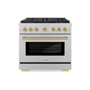 ZLINE Autograph Edition 36 in. 5.2 cu. ft. Paramount Dual Fuel Range with 6 Burner DuoPro™ Cooktop and Electric Convection Oven in Satin Stainless Steel and Champagne Bronze Accents (PSDRSZ-36-CB)