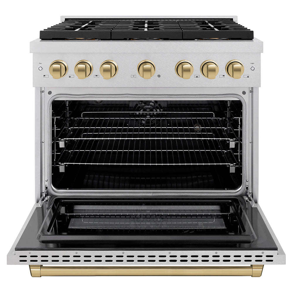 ZLINE Autograph Edition 36 in. 5.2 cu. ft. Paramount Dual Fuel Range with 6 Burner DuoPro™ Cooktop and Electric Convection Oven in Satin Stainless Steel and Champagne Bronze Accents (PSDRSZ-36-CB) front, oven open.
