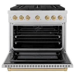 ZLINE Autograph Edition 36 in. 5.2 cu. ft. Paramount Dual Fuel Range with 6 Burner DuoPro™ Cooktop and Electric Convection Oven in Satin Stainless Steel and Champagne Bronze Accents (PSDRSZ-36-CB) front, oven open.