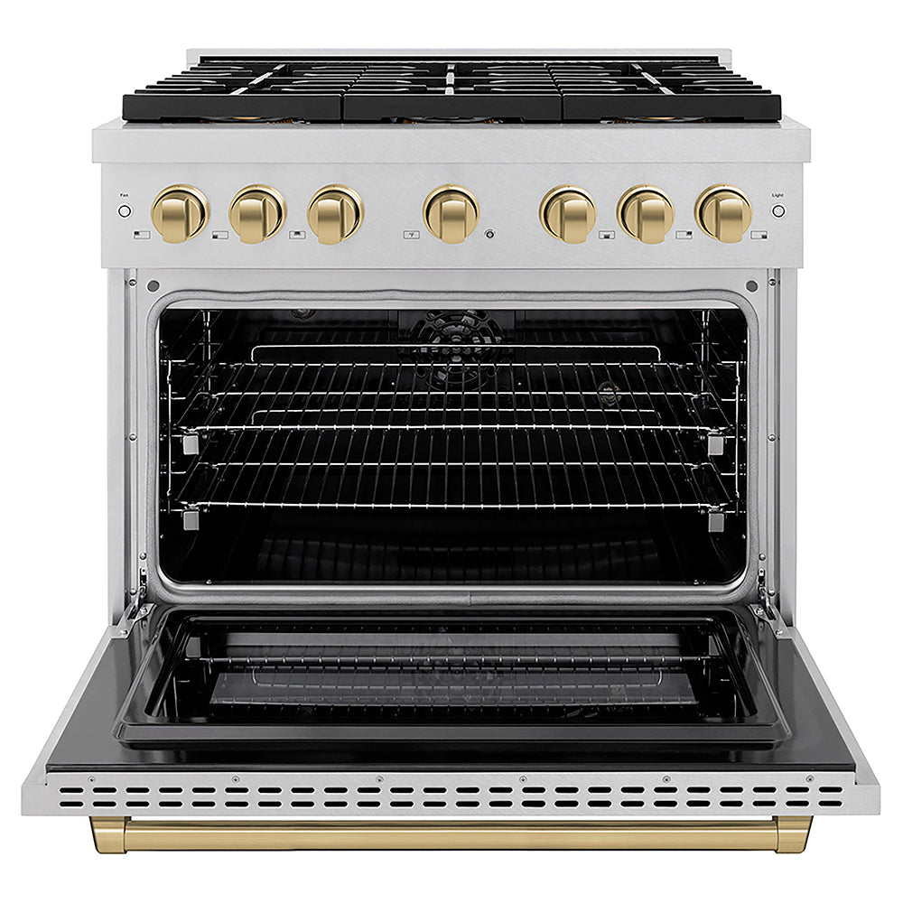ZLINE Autograph Edition 36 in. 5.2 cu. ft. Paramount Dual Fuel Range with 6 Burner DuoPro™ Cooktop and Electric Convection Oven in Satin Stainless Steel and Champagne Bronze Accents (PSDRSZ-36-CB)
